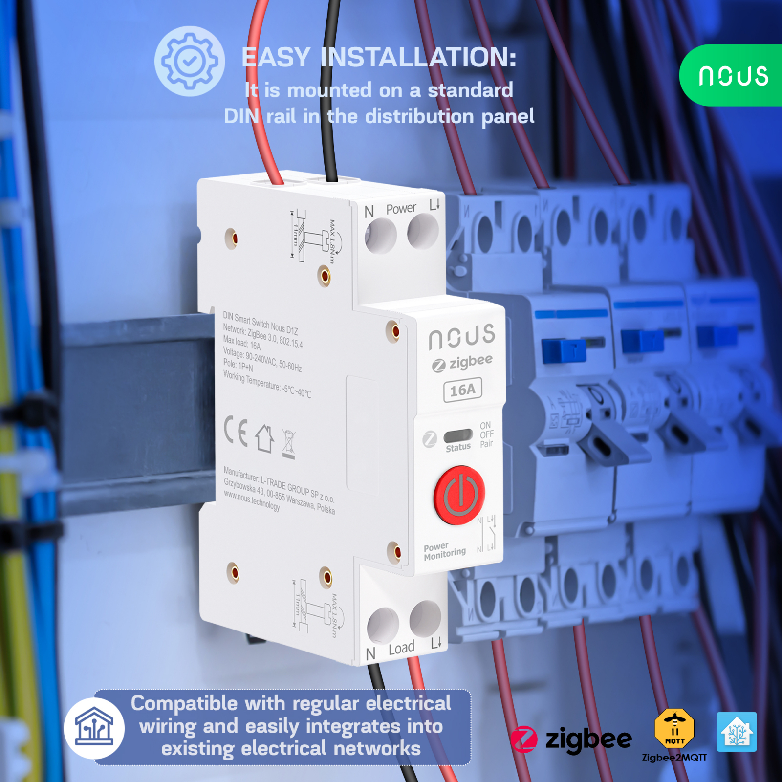 Siguranta inteligenta Nous D1Z, 16A, ZigBee,  1 canal, Monitorizare energie, montare pe sina DIN