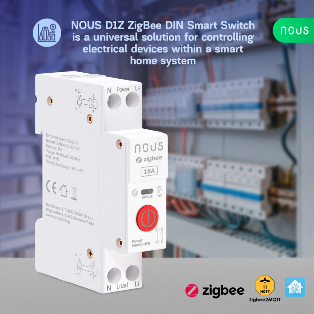 Siguranta inteligenta Nous D1Z, 16A, ZigBee,  1 canal, Monitorizare energie, montare pe sina DIN