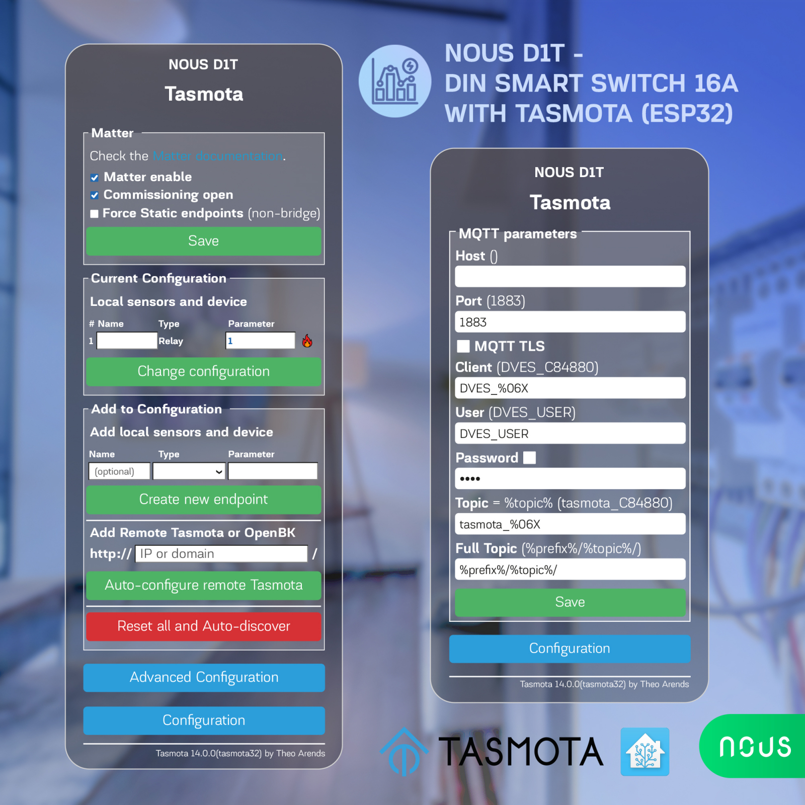 Siguranta inteligenta Nous D1T, 16A, Tasmota, 1 canal, Monitorizare energie, montare pe sina DIN, ESP32