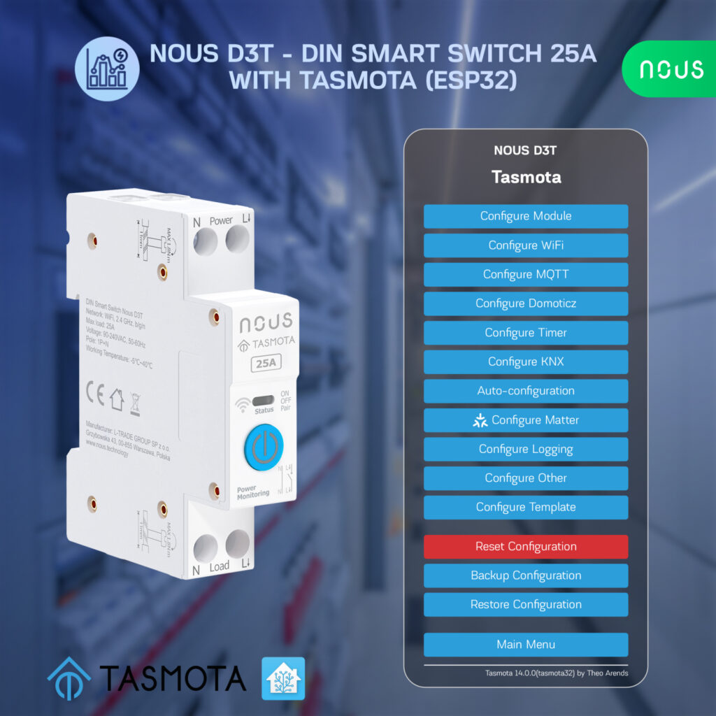 Siguranta inteligenta Nous D3T, 25A, Tasmota, 1 canal, Monitorizare energie, montare pe sina DIN, ESP32