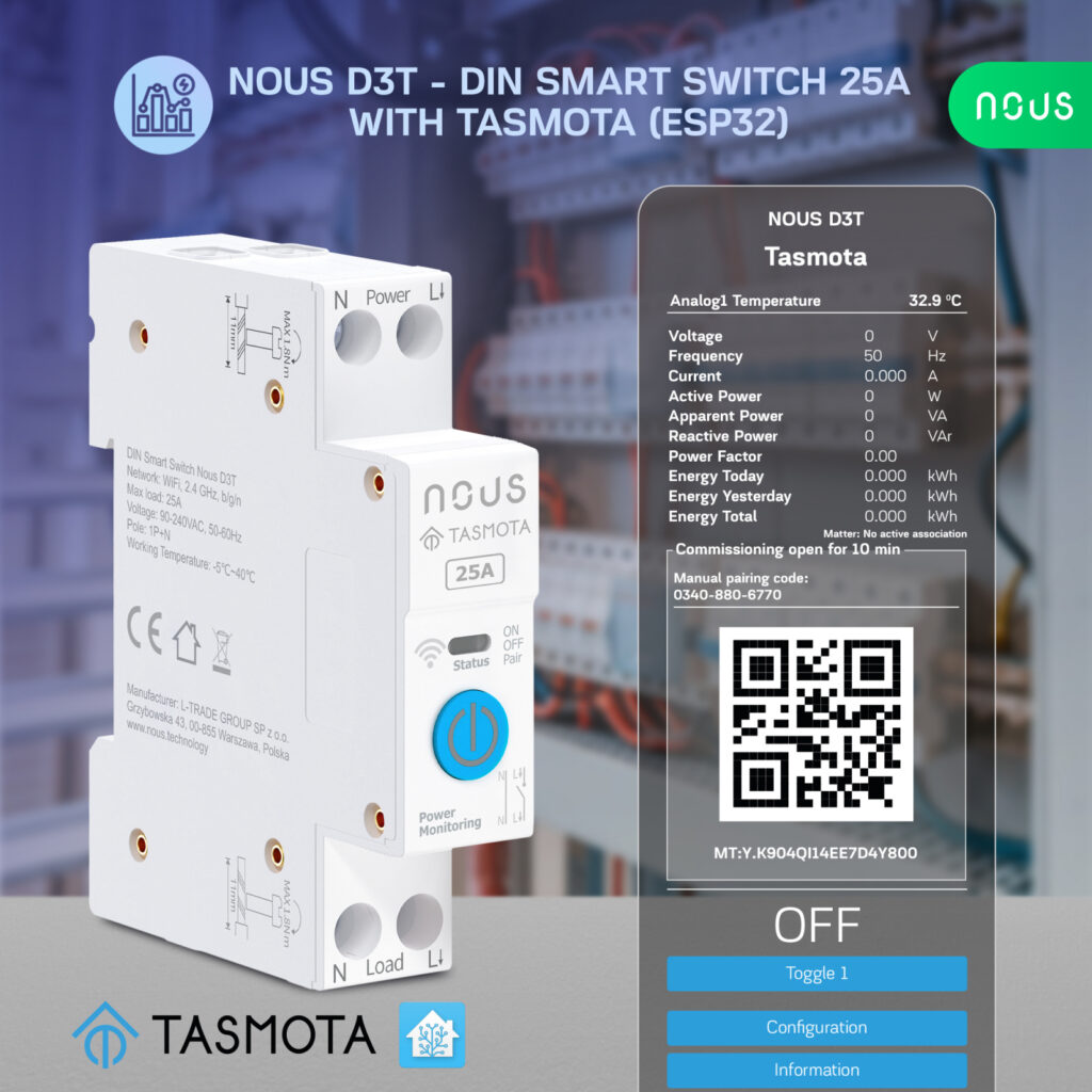 Siguranta inteligenta Nous D3T, 25A, Tasmota, 1 canal, Monitorizare energie, montare pe sina DIN, ESP32