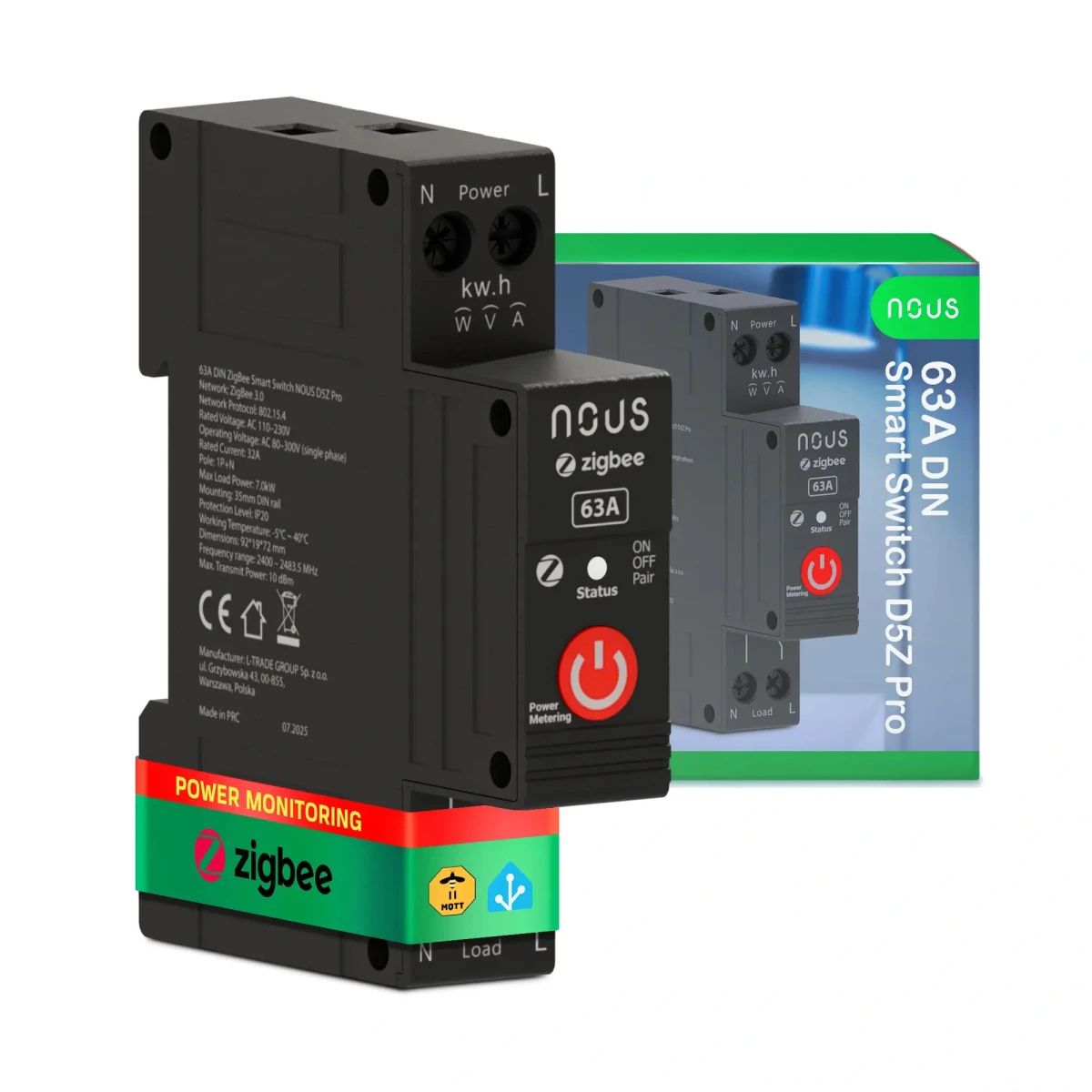 Siguranta Smart NOUS D5Z Pro, 32A Continuu, 63A Varf Scurt, Zigbee 3.0, 1 canal, Masurare Energie (W, kWh, V, A), montare pe sina DIN, Power Metering