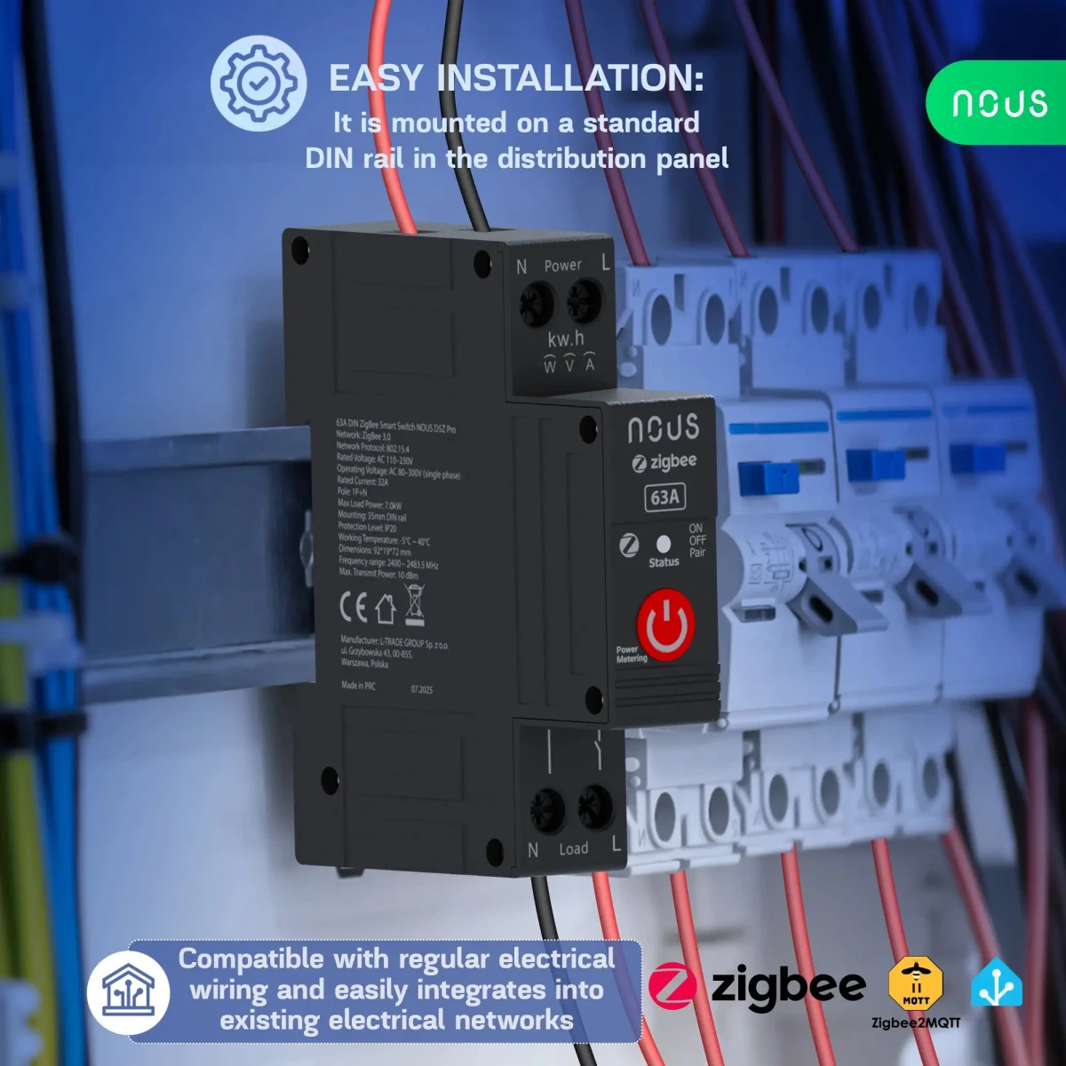 Siguranta Smart NOUS D5Z Pro, 32A Continuu, 63A Varf Scurt, Zigbee 3.0, 1 canal, Masurare Energie (W, kWh, V, A), montare pe sina DIN, Power Metering
