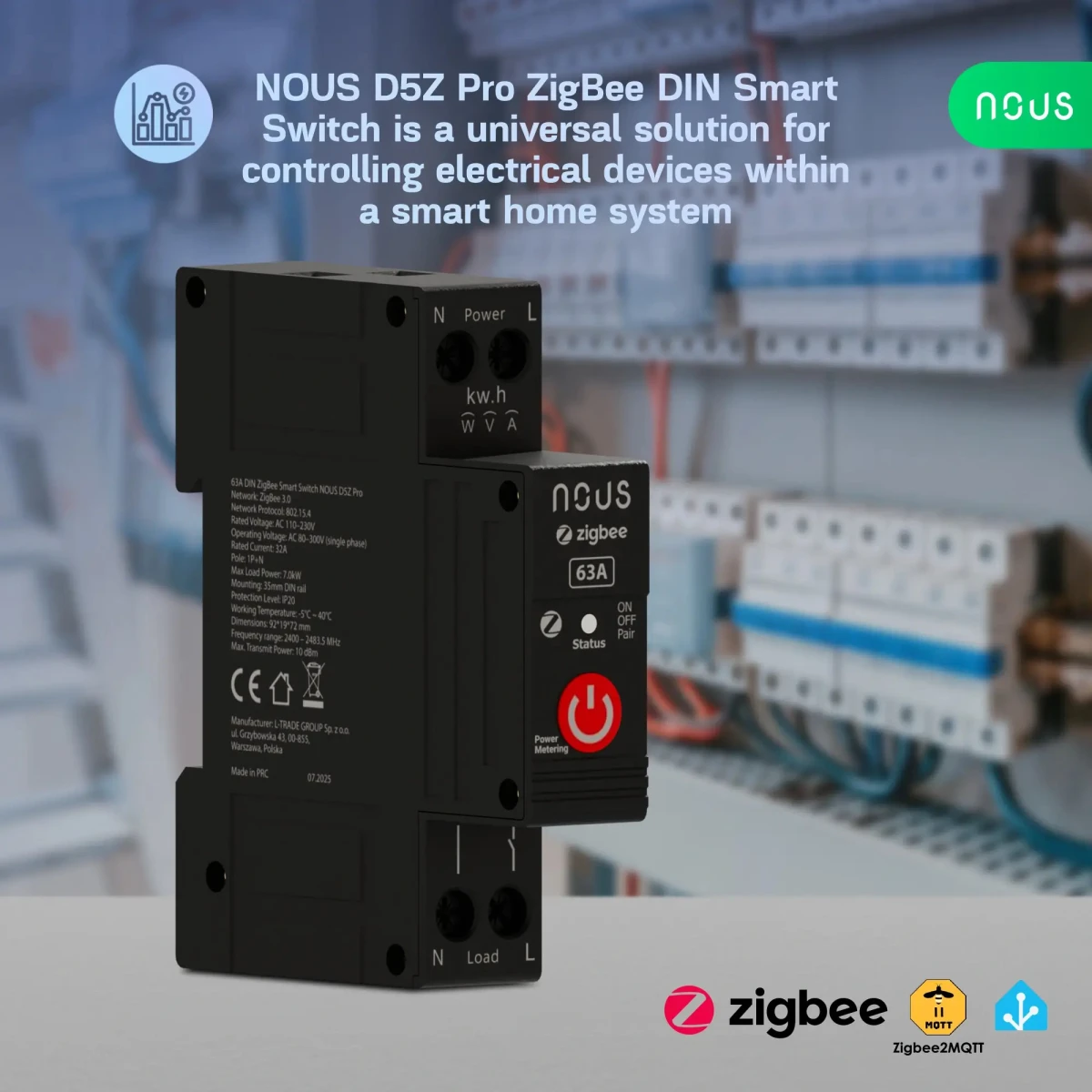 Siguranta Smart NOUS D5Z Pro, 32A Continuu, 63A Varf Scurt, Zigbee 3.0, 1 canal, Masurare Energie (W, kWh, V, A), montare pe sina DIN, Power Metering