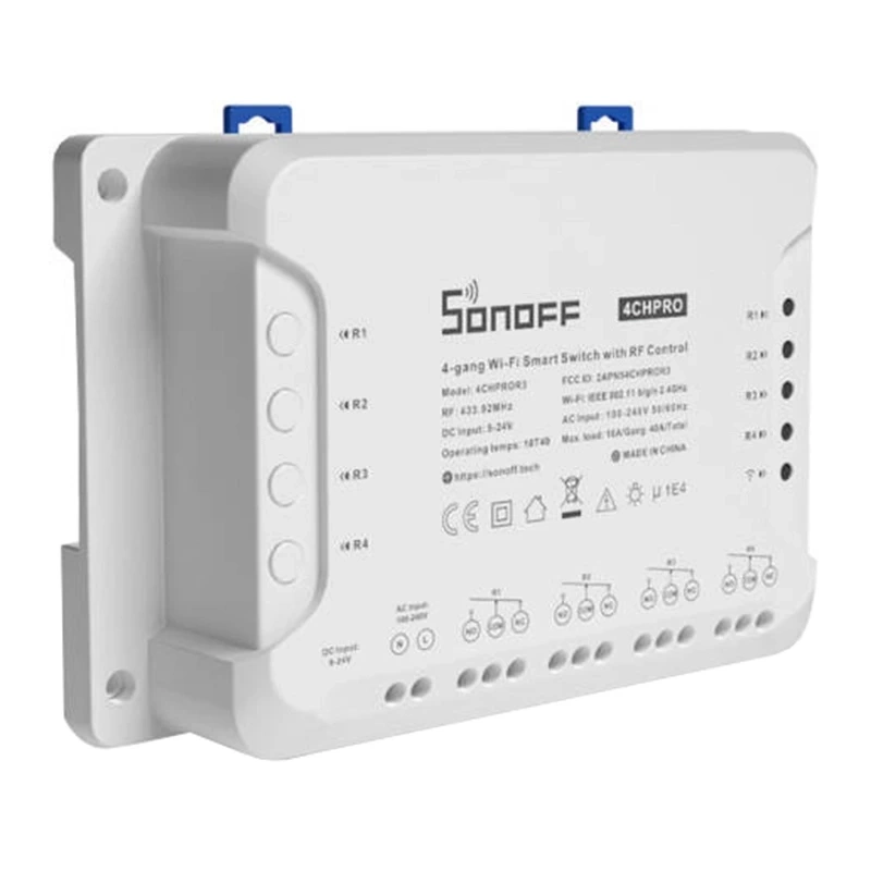 Sonoff 4CH PRO R3 – Releu WiFi 4 Canale, 40A, 8800W, RF 433MHz, Montare șină DIN, eWeLink, Alexa, Google Home