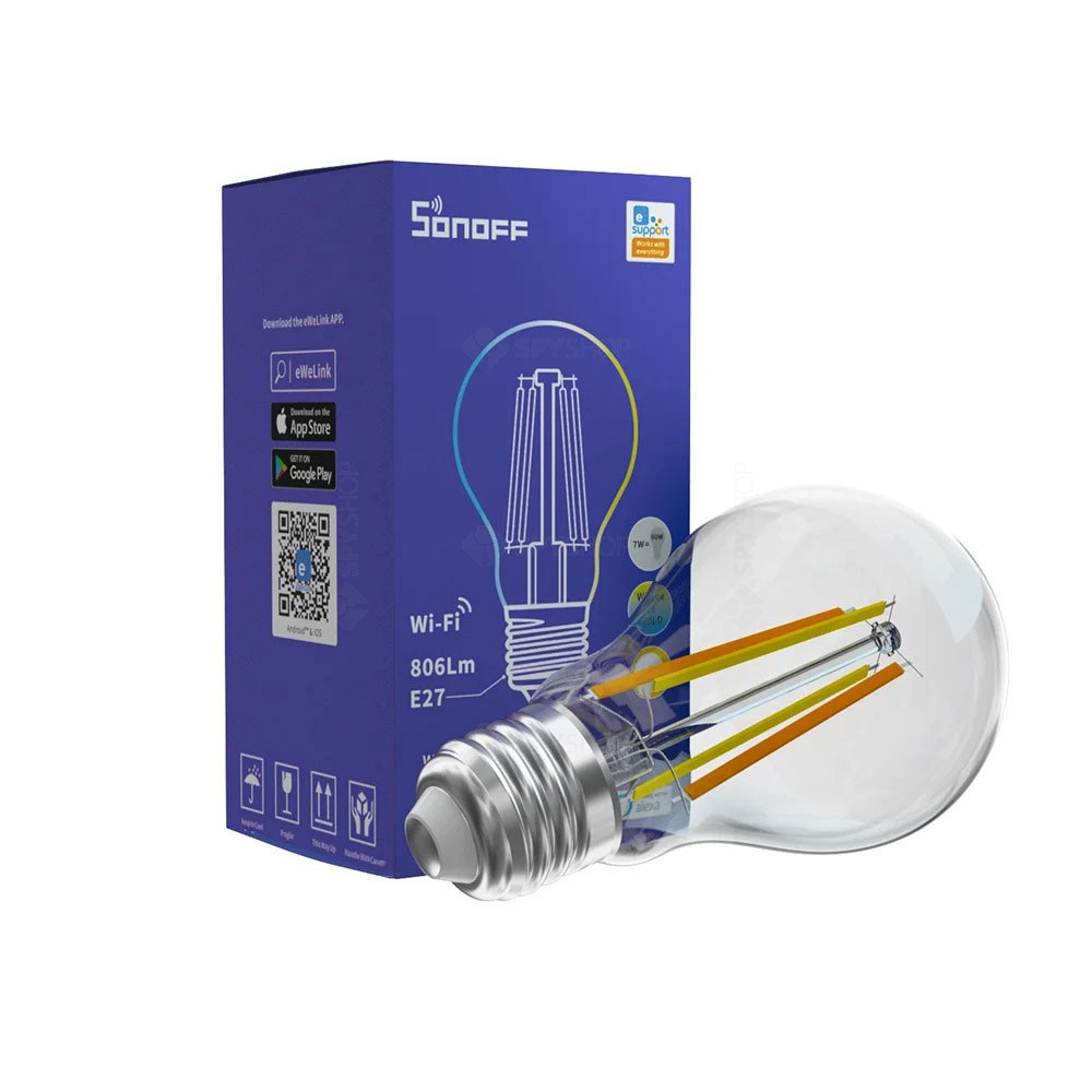 Bec Smart WiFi Sonoff B02-F-A60, 7W, 806 Lm, E27, Filament LED, 2200K-6500K