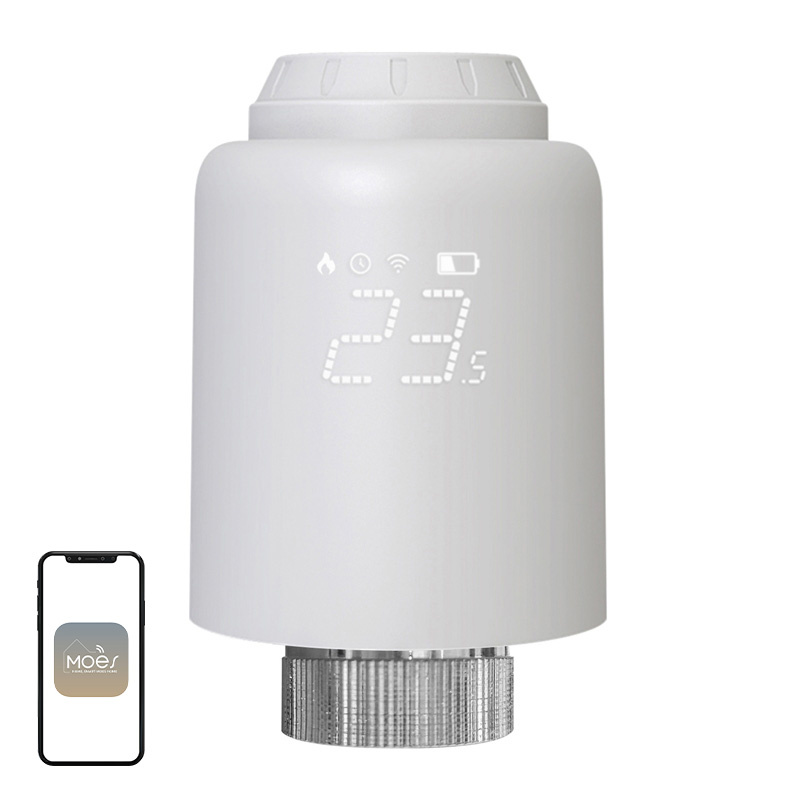 Cap termostatic smart Zigbee MOES ZTRV-PJ-601 pentru calorifer, afișaj LED rotativ, cuplu 8 N·m, 6 adaptoare, Tuya