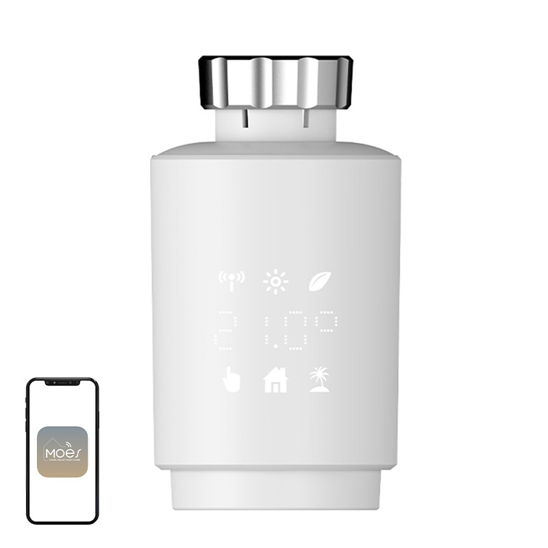 Cap termostatic smart Zigbee MOES TV02 pentru calorifer, cu afișaj, baterii până la 1,5 ani, Boost, Tuya