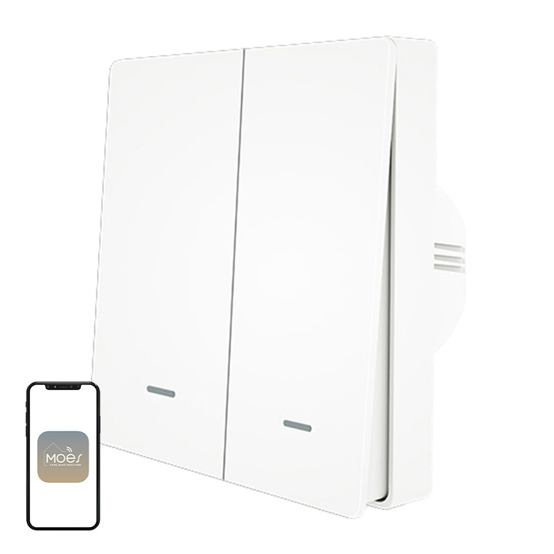 Întrerupător smart Zigbee MOES ZS-B-EU2, 2 canale, butoane, funcționează cu sau fără nul
