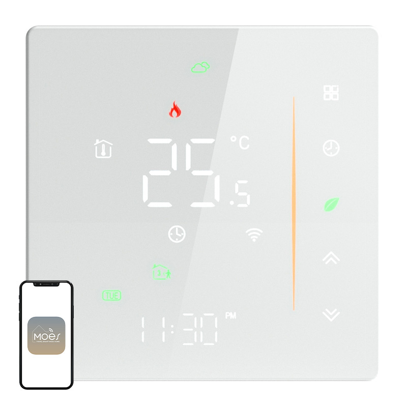 Termostat WiFi MOES WHT-006-GB pentru încălzire electrică în pardoseală, 16A, design fără ramă, alb, Tuya