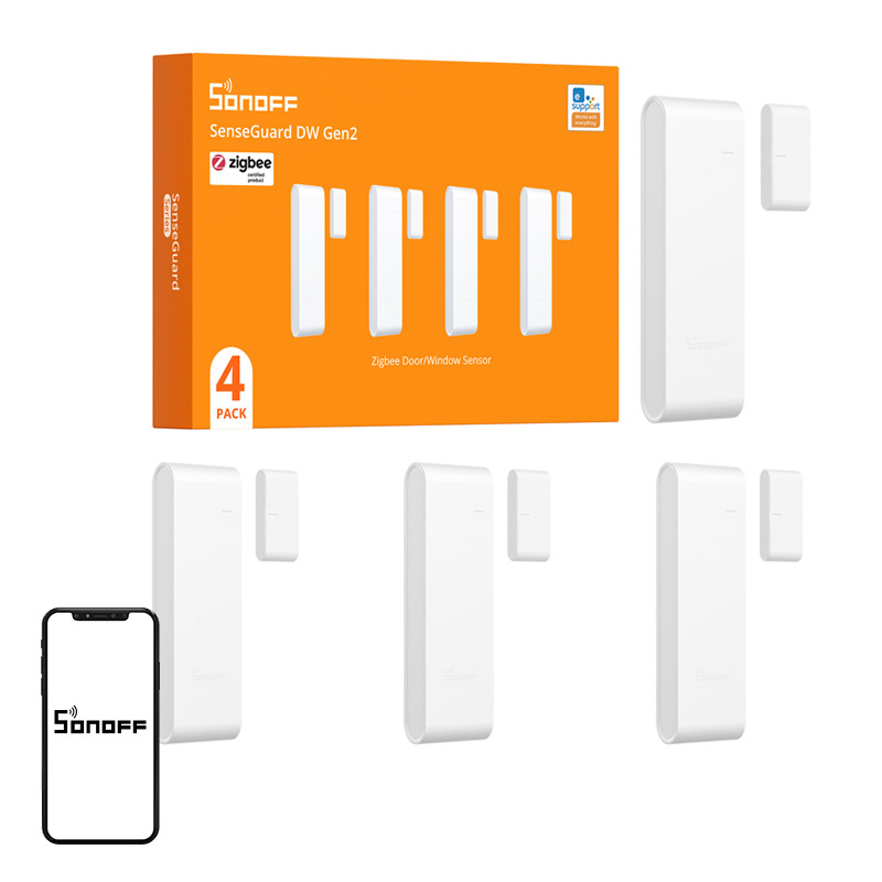 Set 4 senzori ușă și fereastră Zigbee SONOFF SNZB-04PR2, alertă de sabotaj, baterii AAA