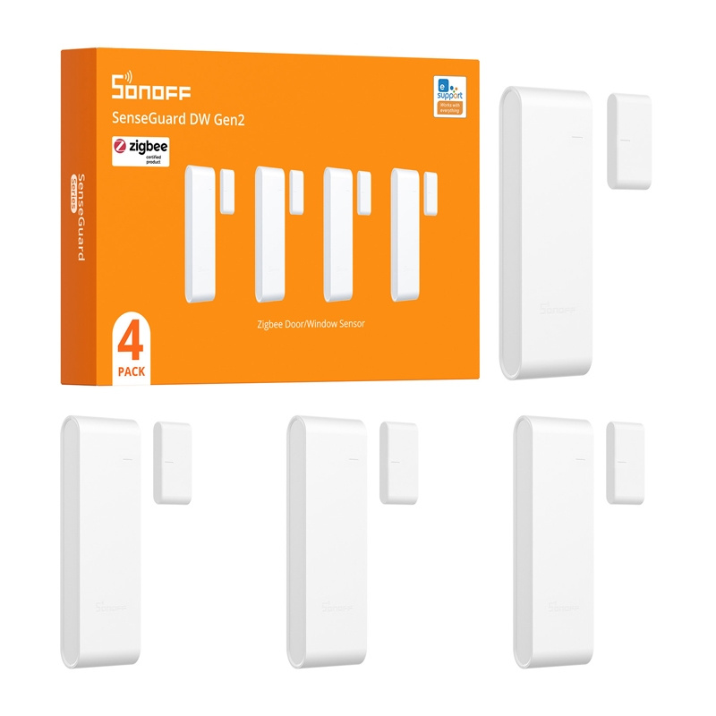 Set 4 senzori ușă și fereastră Zigbee SONOFF SNZB-04PR2, alertă de sabotaj, baterii AAA