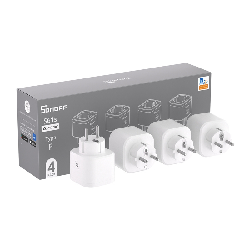 Set 4 prize smart WiFi SONOFF S61s (iPlug Gen2), Matter, 16 A, măsurare consum, Apple Home, Google, Alexa