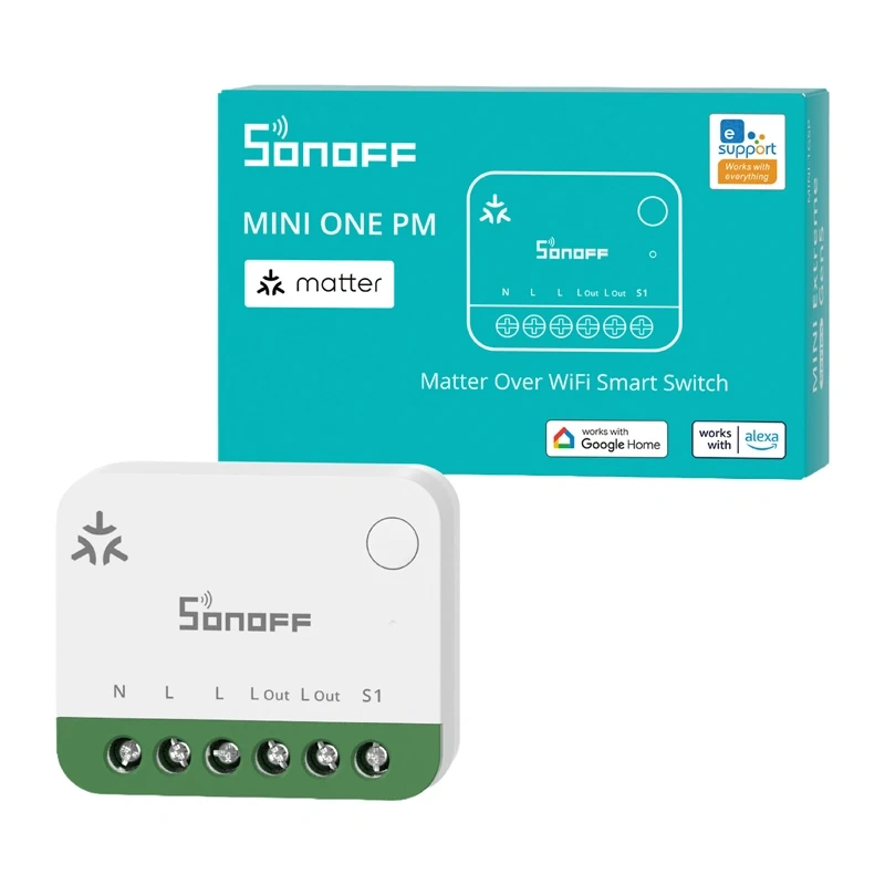 Releu smart WiFi SONOFF MINI ONE PM (MINI-1GSP), Matter, 16 A, măsurare consum bidirecțională, montaj în doză