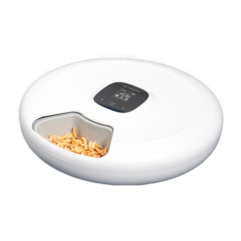 Hrănitor automat Petoneer NutriSpin cu tavă rotativă, 6 compartimente pentru hrană uscată sau umedă, ecran, Bluetooth și aplicație