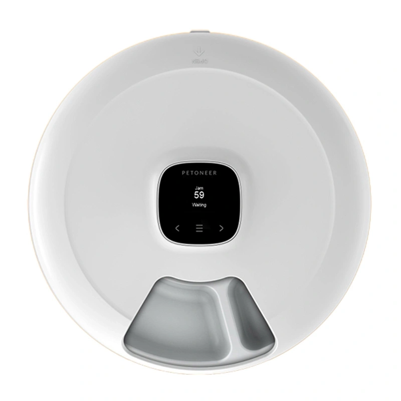 Hrănitor automat Petoneer NutriSpin cu tavă rotativă, 6 compartimente pentru hrană uscată sau umedă, ecran, Bluetooth și aplicație