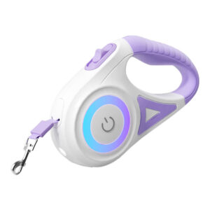 Lesă retractabilă cu LED Rojeco RQYS-04, 5 m, pentru câini până la 35 kg, lanternă și inel luminos RGB, violet
