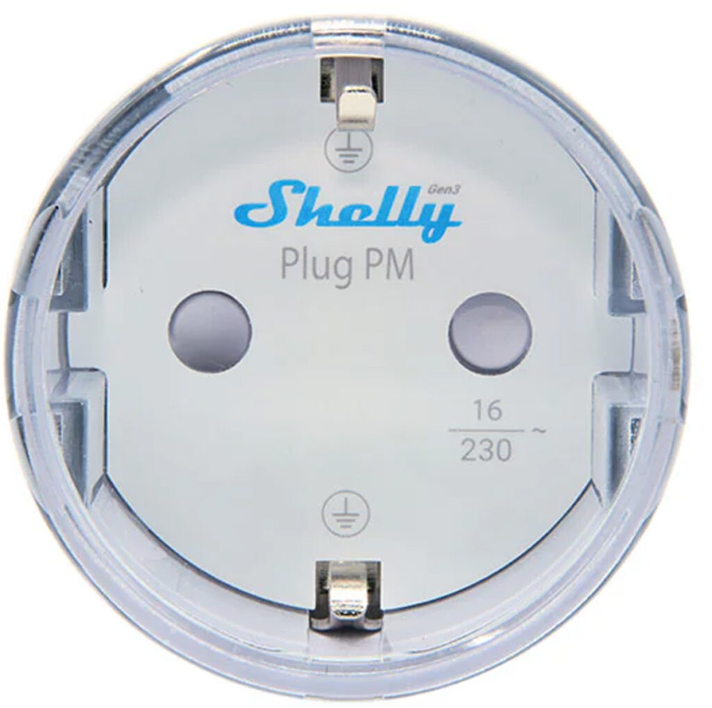 Priză contor de energie Shelly Plug PM Gen3, 16 A / 3680 W, fără releu, WiFi, Bluetooth și Matter, gateway BLU, albă