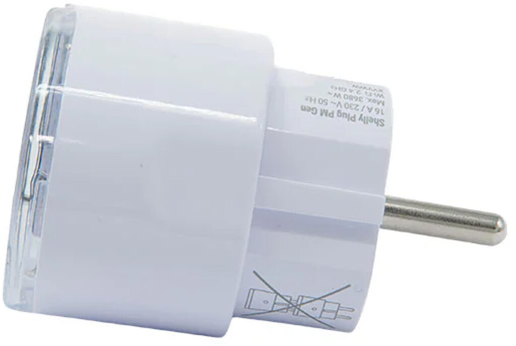 Priză contor de energie Shelly Plug PM Gen3, 16 A / 3680 W, fără releu, WiFi, Bluetooth și Matter, gateway BLU, albă