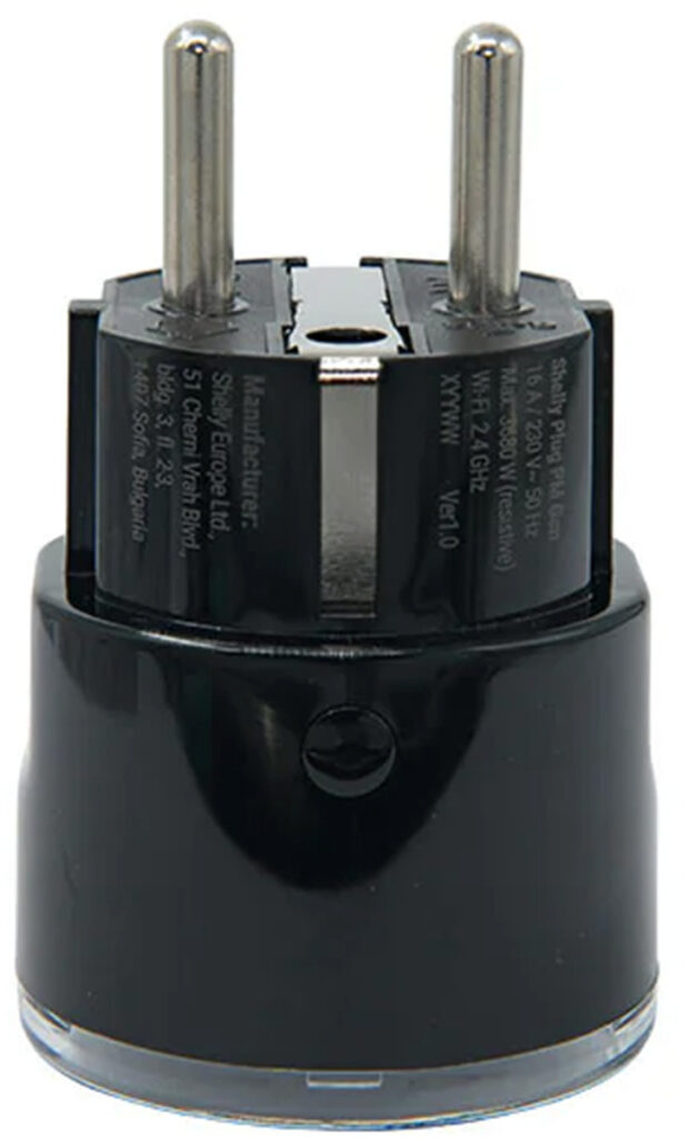 Priză contor de energie Shelly Plug PM Gen3, 16 A / 3680 W, fără releu, WiFi, Bluetooth și Matter, gateway BLU, neagră
