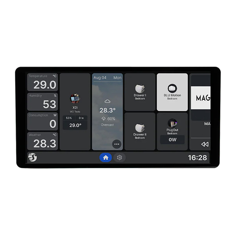 Panou de control smart Shelly Wall Display X2i, ecran tactil 6,95″, Android 11, WiFi 6 dual-band, releu 5 A, bază interschimbabilă, argintiu