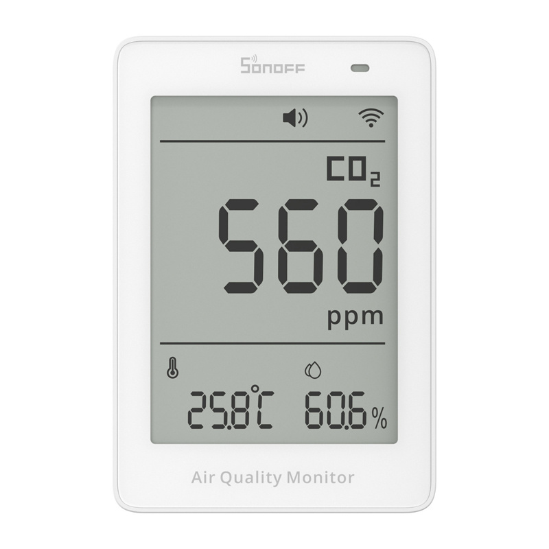 Monitor CO2 WiFi SONOFF AirGuard CO2 (SAWF-08P) cu Matter, senzor NDIR 400–5000 ppm, temperatură și umiditate, ecran LCD 3,73″