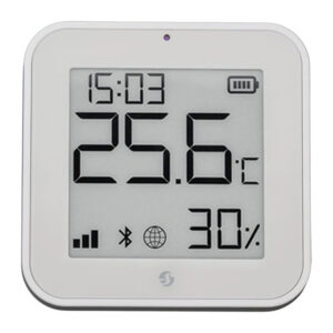 Senzor de temperatură și umiditate Shelly BLU H&T Display ZB cu ecran e-paper și ceas, Bluetooth și Zigbee, 2 × CR2032, alb