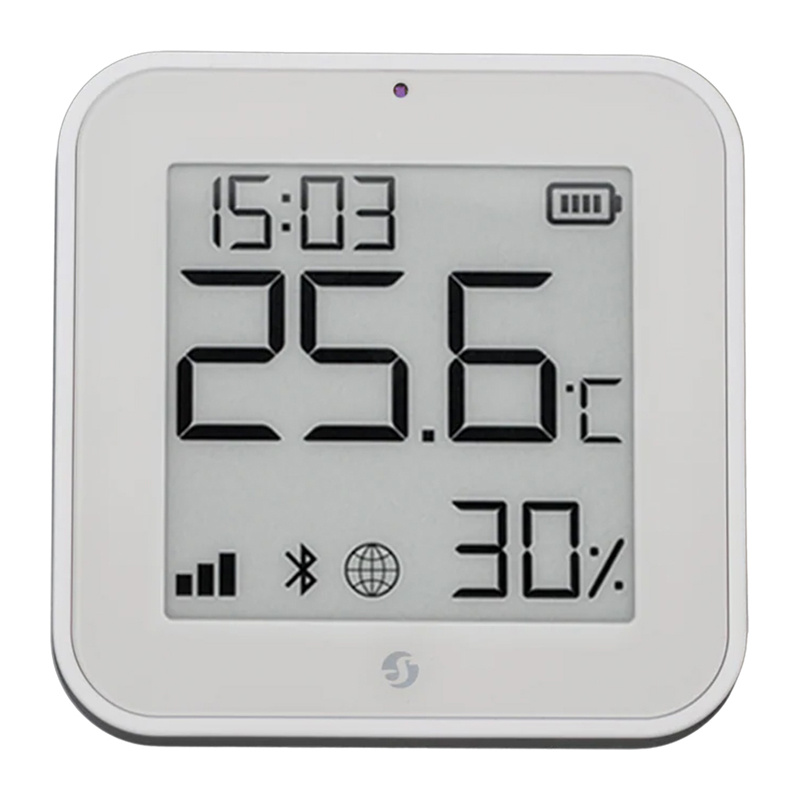 Senzor de temperatură și umiditate Shelly BLU H&T Display ZB cu ecran e-paper și ceas, Bluetooth și Zigbee, 2 × CR2032, alb