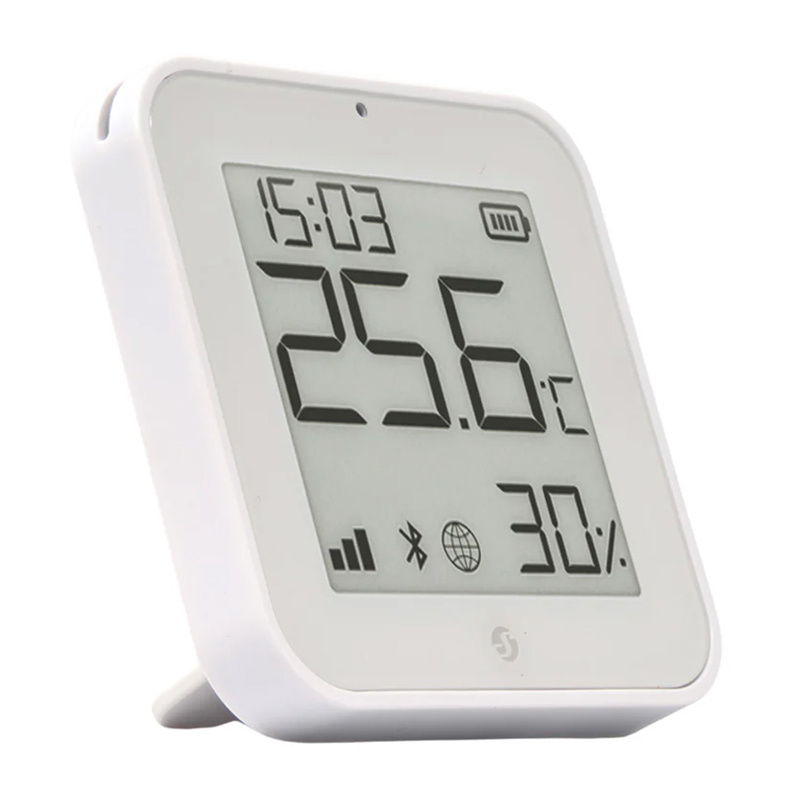 Senzor de temperatură și umiditate Shelly BLU H&T Display ZB cu ecran e-paper și ceas, Bluetooth și Zigbee, 2 × CR2032, alb