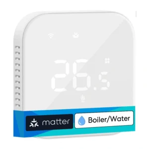 Termostat smart WiFi Meross MTS215B cu Matter pentru centrală și încălzire în pardoseală cu apă, panou tactil din sticlă, sondă inclusă, alb