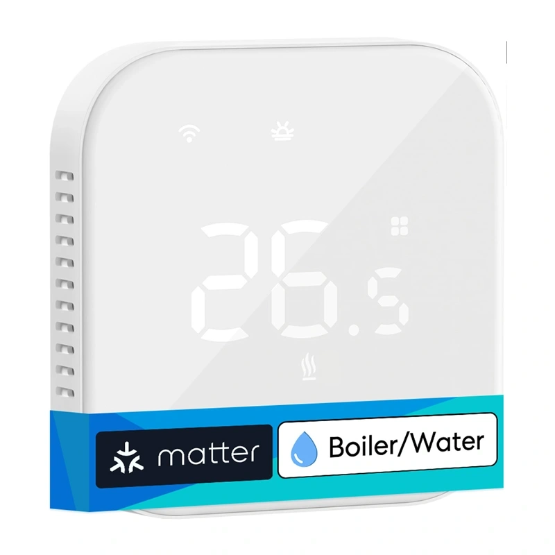 Termostat smart WiFi Meross MTS215B cu Matter pentru centrală și încălzire în pardoseală cu apă, panou tactil din sticlă, sondă inclusă, alb
