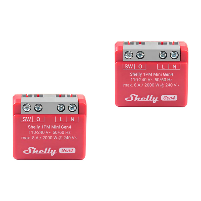Set 2 relee smart compacte Shelly 1PM Mini Gen4, 8 A, măsurare consum, WiFi, Zigbee, Matter și Bluetooth, pentru doză