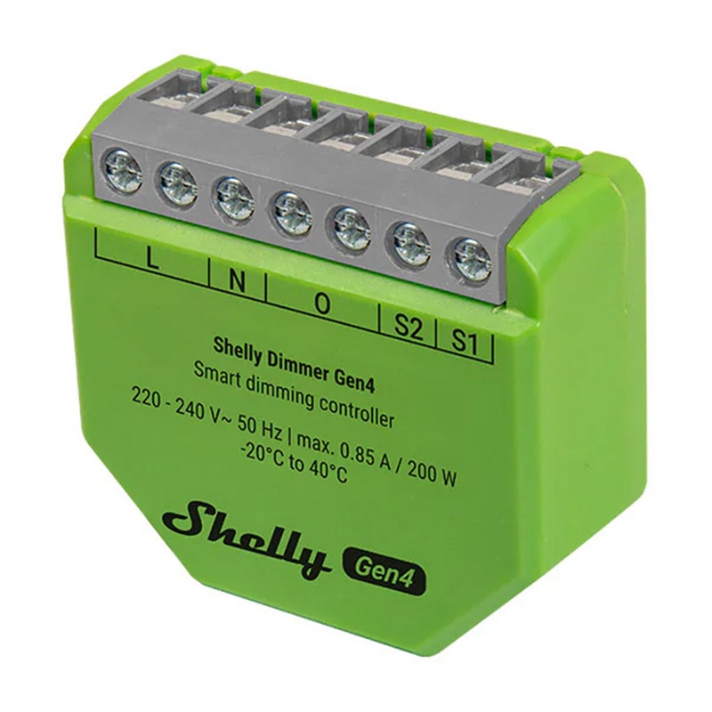 Dimmer smart Shelly Dimmer Gen4, cu sau fără nul, LED până la 150 W, WiFi, Zigbee, Matter și Bluetooth, pentru doză