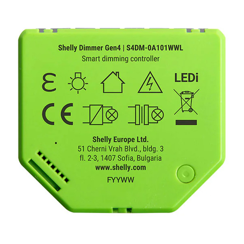 Dimmer smart Shelly Dimmer Gen4, cu sau fără nul, LED până la 150 W, WiFi, Zigbee, Matter și Bluetooth, pentru doză