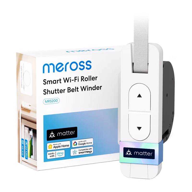 Rulator electric de chingă smart Meross MRS200 pentru rulouri, montaj încastrat, chingă de max. 23 mm, 45 kg, WiFi și Matter, senzor de lumină