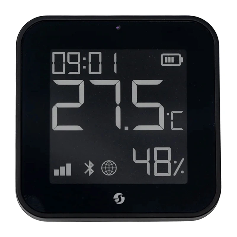 Senzor de temperatură și umiditate Shelly BLU H&T Display ZB cu ecran e-paper și ceas, Bluetooth și Zigbee, 2 × CR2032, negru