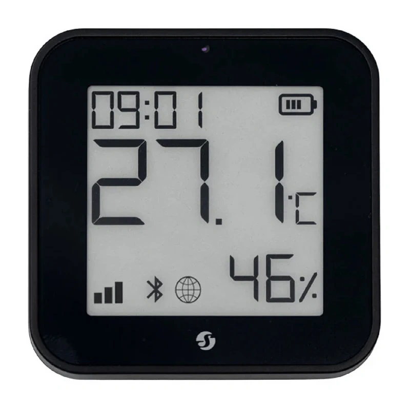 Senzor de temperatură și umiditate Shelly BLU H&T Display ZB cu ecran e-paper și ceas, Bluetooth și Zigbee, 2 × CR2032, negru