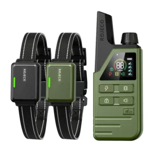 Set de 2 zgărzi de dresaj cu telecomandă Rojeco DOG800, rază 300 m, sunet, vibrație și impuls, IPX7, verde