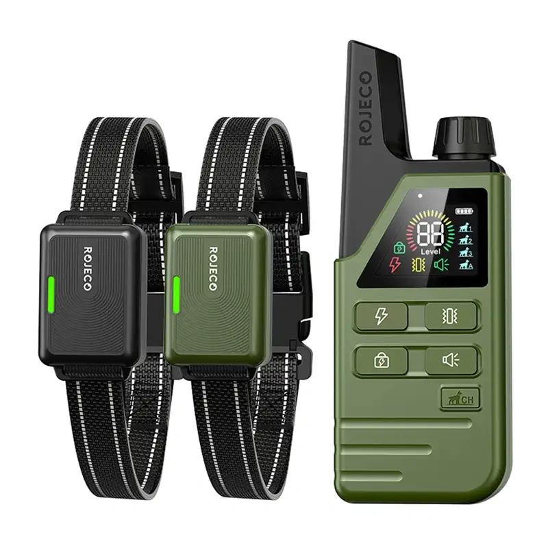 Set de 2 zgărzi de dresaj cu telecomandă Rojeco DOG800, rază 300 m, sunet, vibrație și impuls, IPX7, verde
