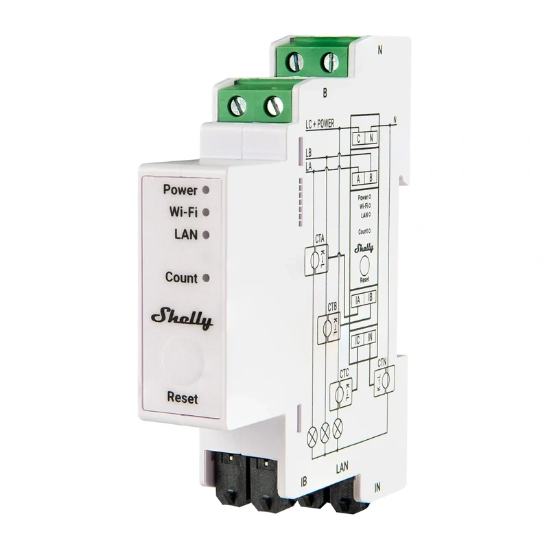 Contor de energie trifazat Shelly Pro 3EM 120A V2 pe șină DIN, 3 transformatoare de 120 A, WiFi, Ethernet și Bluetooth, gata pentru fotovoltaice