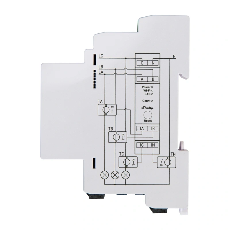 Contor de energie trifazat Shelly Pro 3EM 120A V2 pe șină DIN, 3 transformatoare de 120 A, WiFi, Ethernet și Bluetooth, gata pentru fotovoltaice