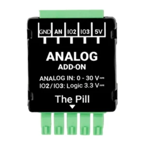 Modul Shelly Analog 0–30 V Add-on pentru The Pill, intrare analogică 0–30 V DC și 2 intrări/ieșiri digitale