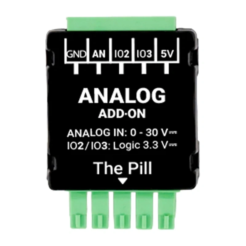 Modul Shelly Analog 0–30 V Add-on pentru The Pill, intrare analogică 0–30 V DC și 2 intrări/ieșiri digitale