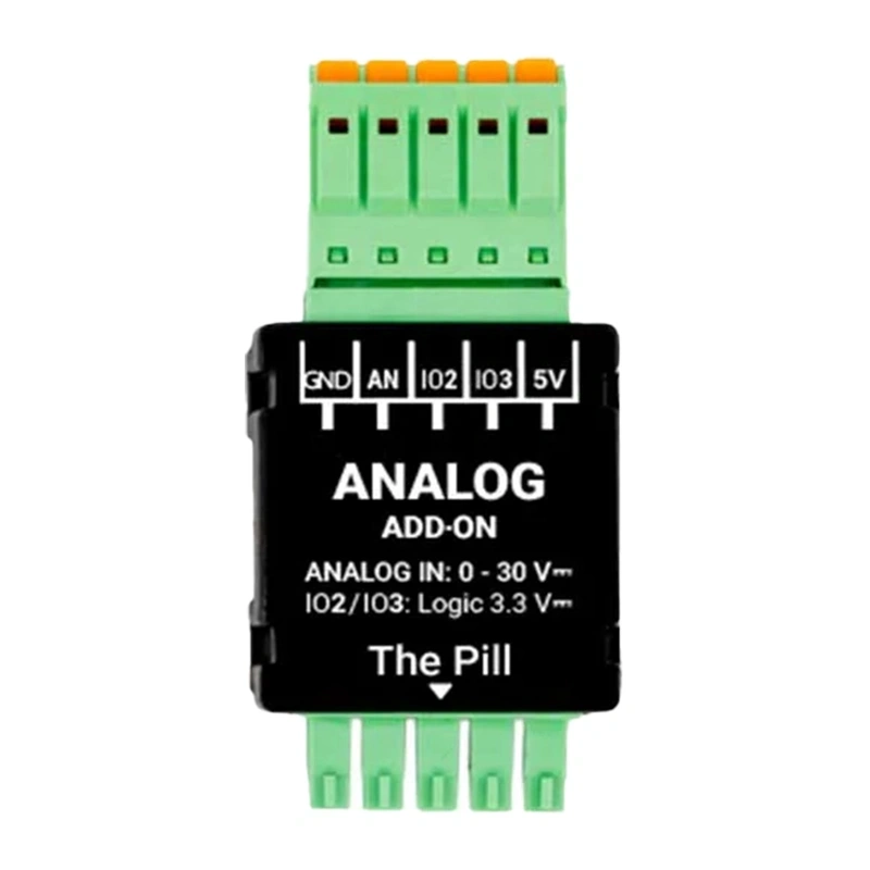 Modul Shelly Analog 0–30 V Add-on pentru The Pill, intrare analogică 0–30 V DC și 2 intrări/ieșiri digitale
