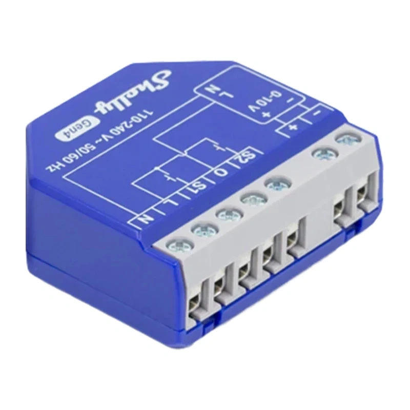 Dimmer smart Shelly Dimmer 0/1-10V PM Gen4 pentru drivere LED 0–10 V și 1–10 V, WiFi, Zigbee, Matter și Bluetooth, releu 13 A, măsurare consum