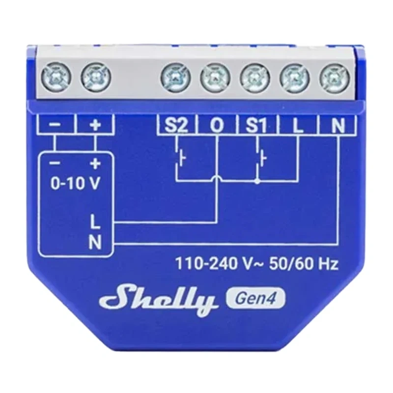 Dimmer smart Shelly Dimmer 0/1-10V PM Gen4 pentru drivere LED 0–10 V și 1–10 V, WiFi, Zigbee, Matter și Bluetooth, releu 13 A, măsurare consum