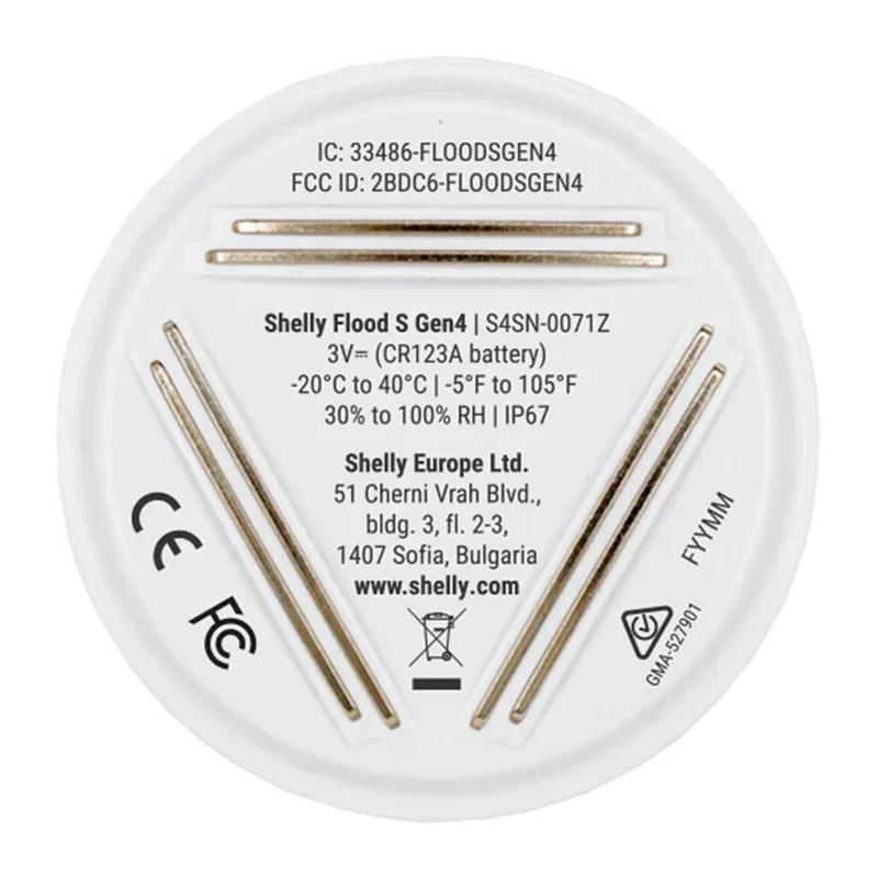 Senzor de inundații Shelly Flood S Gen4, WiFi, Zigbee, Matter și Bluetooth, sirenă integrată, IP67, baterie CR123A aprox. 2 ani