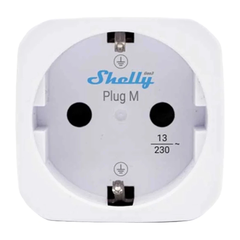 Priză smart WiFi Shelly Plug M Gen3, 13 A / 3000 W, măsurare consum, Matter și Bluetooth, gateway BLU, albă