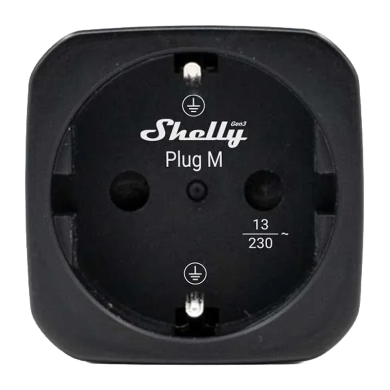 Priză smart WiFi Shelly Plug M Gen3, 13 A / 3000 W, măsurare consum, Matter și Bluetooth, gateway BLU, neagră